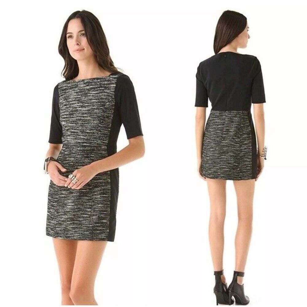 Tibi Womens Black Tweed Sheath Dress Short Sleeve Square Neck Lined Size 8 Fall - Picture 2 of 16